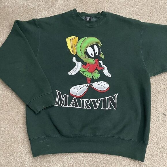 Vtg 1998 Marvin The Martian Sweatshirt Green Long Sleeve Warner Bros Looney XL - Picture 1 of 9